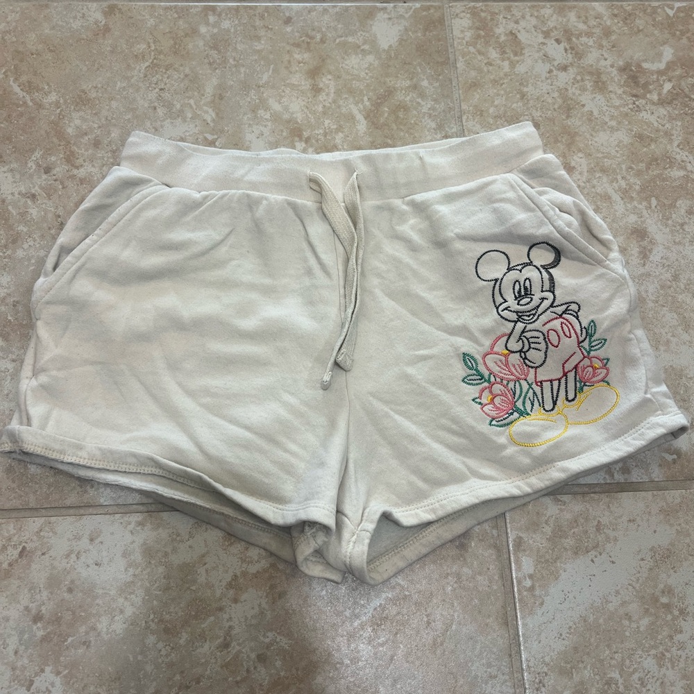 Disney Mickey Mouse Floral Shorts Size Medium Cream  Lounge Casual Summer